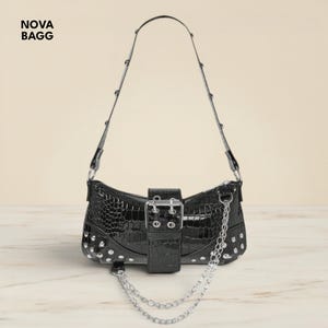 Black Crocodile Shoulder Bag Chain Strap Buckle Studded Grunge Punk Handbag