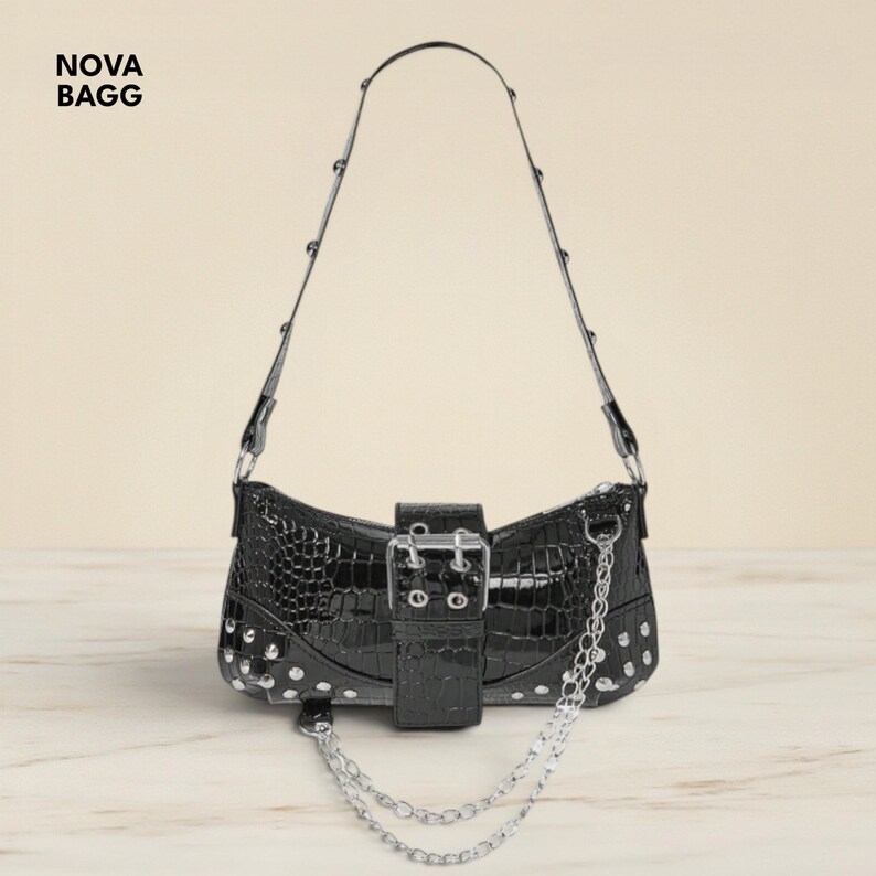 Black Crocodile Shoulder Bag Chain Strap Buckle Studded Grunge Punk Handbag