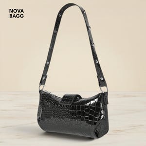 Black Crocodile Shoulder Bag Chain Strap Buckle Studded Grunge Punk Handbag