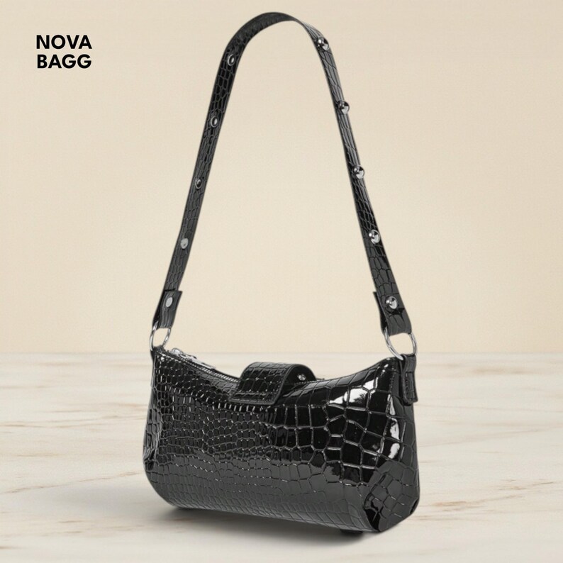 Black Crocodile Shoulder Bag Chain Strap Buckle Studded Grunge Punk Handbag