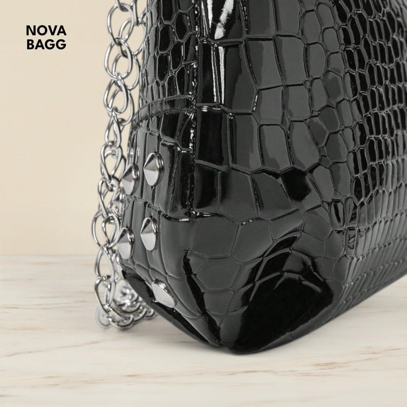 Black Crocodile Shoulder Bag Chain Strap Buckle Studded Grunge Punk Handbag