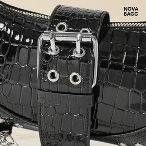 Black Crocodile Shoulder Bag Chain Strap Buckle Studded Grunge Punk Handbag