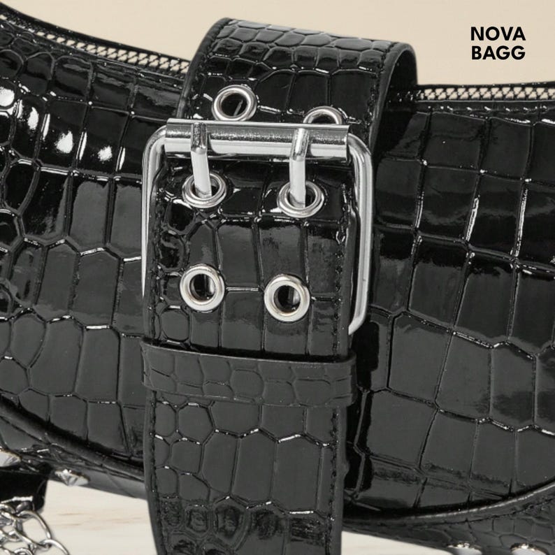 Black Crocodile Shoulder Bag Chain Strap Buckle Studded Grunge Punk Handbag