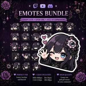 May include: A digital art bundle featuring a collection of creepy cute goth girl emotes. The emotes have various expressions and are designed for Twitch, YouTube, and Discord. The image includes the text "EMOTES BUNDLE" and "CREEPY CUTE + GOTH GIRL + FULL OF EXPRESSIONS."