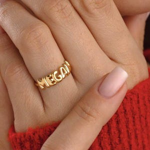 Bubble Name Ring Gold, Custom 3D Balloon Letter Name Ring, Personalized Balloon Name Ring Christmas Gifts for Mom, Chunky Custom Jewelry