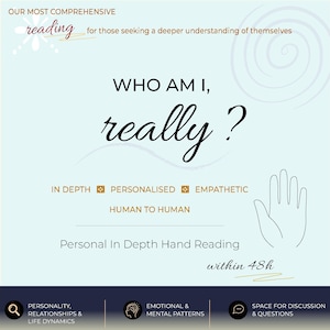 Può includere: Un grafico informativo azzurro intitolato WHO AM I, really? con testo su una lettura della mano approfondita e personalizzata entro 48 ore. Include icone per personalità, schemi emotivi e mentali, e spazio per discussioni e domande.
