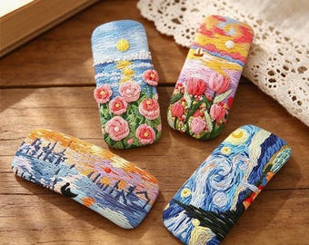 Presilhas de cabelo bordadas à mão com paisagens, acessórios de cabelo com arte floral, presilha de cabelo bordada com pintura a óleo, presente botânico para o Dia das Mães