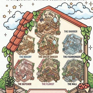 Op de afbeelding: Digitale kleurboekcover getiteld "Cute & Comfy Town" met illustraties van tien unieke winkelhoeken, waaronder een bakkerij, een slager en een bloemist. De afbeelding bevat de tekst "10 afdrukbare pagina's met hoge resolutie, alleen digitale download, 300 DPI afdrukkwaliteit, exclusieve Etsy-collectie."