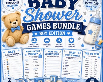 Baby Shower Games Bundle for Boys, 15 Printable Activities (PDF Download)