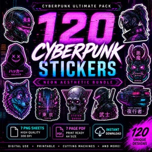 May include: A vibrant collection of 120 cyberpunk stickers with a neon aesthetic. The stickers showcase diverse designs, such as a wolf, skull, and futuristic characters. The text includes "Cyberpunk Stickers" and "Neon Aesthetic Bundle."