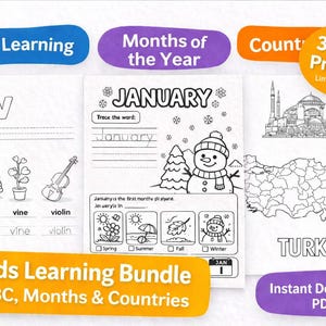 Puede incluir: Un paquete de aprendizaje para niños con ABC, meses y países. La imagen incluye hojas de trabajo para trazar letras, meses y un mapa de Turquía. El texto incluye "ABC Learning", "Months of the Year" y "Kids Learning Bundle".
