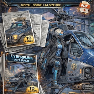 Cyberpunk Coloring Pages, 10 Page PDF Bundle, Sci Fi Art Pack (Digital Download)