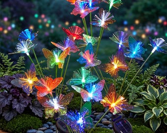 Luces solares de mariposa para jardín / Iluminación de caminos de fibra óptica / Decoración exterior impermeable para patio / Estacas decorativas para paisaje / Lámpara de hadas