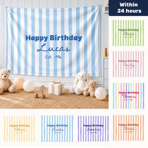 Può includere: Un banner di compleanno a righe blu e bianche con la scritta "Happy Birthday Lucas Est. 1996". L'immagine mostra anche altri banner di compleanno con nomi e colori diversi, insieme a peluche e palloncini.