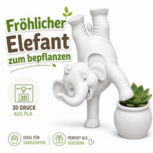 May include: A white, 3D-printed elephant planter with a playful design, holding a small white pot with a green succulent. The text "Fröhlicher Elefant zum bepflanzen" is displayed in green and brown. The planter is designed for succulents.