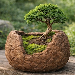 Könnte beinhalten: Ein Bonsai-Baum mit leuchtend grünen Blättern und einem strukturierten, braunen Stamm in einem runden, steinartigen Topf. Der Topf ist mit Erde und grünem Moos gefüllt und schafft eine Miniaturgarten-Szene. Der Hintergrund ist verschwommenes grünes Laub.