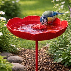 Puede incluir: Un bebedero rojo brillante con forma de flor, lleno de agua, con un pequeño pájaro bebiendo de él. El bebedero está sobre un tallo alto, rodeado de exuberante vegetación y flores, creando una escena de jardín serena.