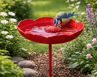Vogeltränke - Insektentränke Blüte Mohn – Handgefertigtes Vogelbad & Futterstation Garten – inkl. Gartenstab – Tränke - Vögel Bienen VT02