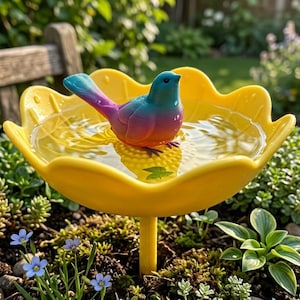 Birdbath - With flower design - Handmade birdbath & room decoration - Floral look including garden stake - Bee bath VT04