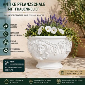 Könnte beinhalten: Eine weiße, schalenförmige Pflanzschale mit einem Relief eines Frauengesichts, umgeben von fließendem Haar und Kettenmustern. Die Schale ist mit lila Lavendel und weißen Blumen bepflanzt und enthält deutschen Text über die 3D-gedruckte PETG-Konstruktion.