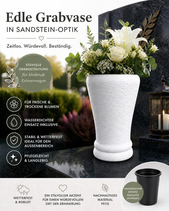 Elegant grave vase with sandstone look, weatherproof and robust made of PETG, waterproof cemetery vase, modern grave decoration for fresh and dried
