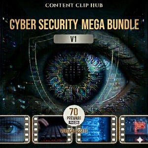 May include: Digital art promoting a cyber security mega bundle. The image features a close-up of an eye with a circuit board design in the iris. Text includes "CYBER SECURITY MEGA BUNDLE" and "V1". Additional text indicates "70 PREMIUM ASSETS" and "VERTICAL ASSETS".