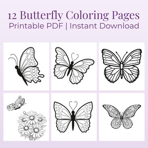 Puede incluir: Una descarga digital con 12 páginas para colorear de mariposas. Cada página presenta un diseño de mariposa único en blanco y negro, perfecto para colorear. El texto en la parte superior dice "12 Butterfly Coloring Pages Printable PDF | Instant Download."