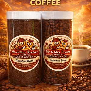 May include: Two clear plastic containers of Signature Blend coffee, one with ground coffee and the other with whole beans. Each container has a label with the text "Mr. & Mrs. Pretzel Coffee Co." and "100% Arabica Coffee". A cup of coffee is in the background.
