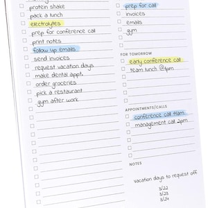May include: A white spiral-bound to-do list notepad with black text and lines. The page features sections for date, top priorities, for tomorrow, appointments/calls, and notes, with handwritten tasks highlighted in blue and yellow marker ink.