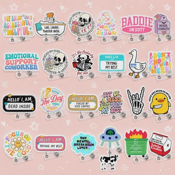 Funny Badge Reels Set | 24 Retractable ID Holders for Healthcare Staff