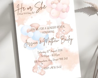 Plantilla editable para invitación de revelación de género / 5 x 7" (digital) y 1080 x 1920 px (impresión) / Invitación de Canva / Descarga instantánea