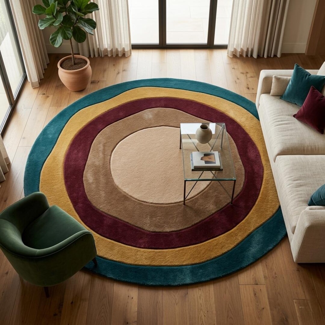 Eclectic Round Wool Rugs Mid-century Modern Round Wool Rug | Abstract Wavy Concentric Circles ...