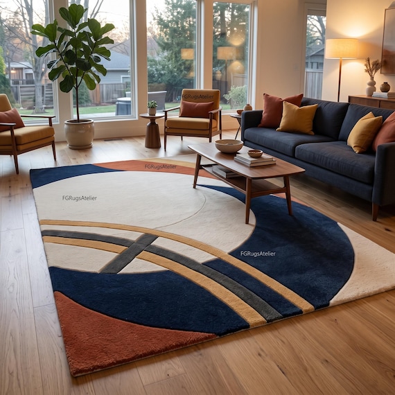 Navy Blue Geometric Area Rug Hand Tufted Wool Rug Modern Abstract Carpet Mustard Yellow Terracotta Cream Rug for Living Room Bedroom