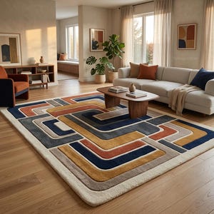 Mid Century Modern Interlocking Geometric Rug Hand Tufted Wool Rug Navy Rust Mustard Abstract Carpet Rectangular Area Rug for Living Room