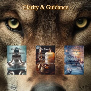 May include: Oracle Cards with the text "Clarity & Guidance" over a wolf's face. Three cards are visible, each with text and illustrations. The cards are titled "Meditation", "The Candle", and "Awakening Acknowledgement".