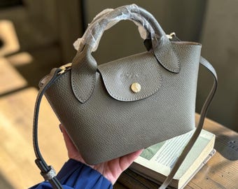 Longchamp Grey Leather Crossbody Bag, French Style Handbag, Adjustable Strap, Compact Designer Purse, Chic Everyday Bag