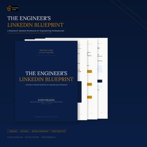 Puede incluir: Un libro de trabajo azul marino titulado "THE ENGINEER'S LINKEDIN BLUEPRINT" con texto blanco. La portada incluye el nombre del autor y las palabras "Prestige Mark". El libro de trabajo está abierto para revelar varias páginas con texto y gráficos. La imagen también incluye el texto "7 MODULES", "28 PAGES" y "PRINT-READY PDF".