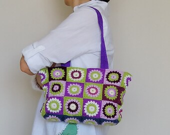Sunflower Granny Square Crochet Tote Bag, Granny Square Bag, Reusable Bag, Boho Bag, Cute Crochet Festival Bag, Flower Pouch, Floral Bag
