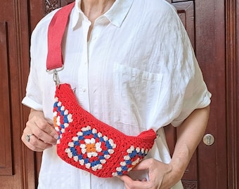 Crochet Free Bag, Red Bum Bag, Granny Square Sling Bag, Everyday Use, Bohemian Bag, Granny Square Bag, Crochet Bag, Fanny Bag, Messanger Bag