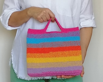 Rainbow Handbag, Crochet Macrame Bag,Colorful Tote, Shoulder Bag,Beach Bag,Weekender Casual Everyday Bag,Women Crochet Handbag, Square Bag