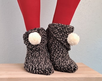 Black Tweed Slippers, Knit Slippers with Cream Pompom, House Shoes, Winter Accessories, Knit Woman Slipper Socks, House Slippers