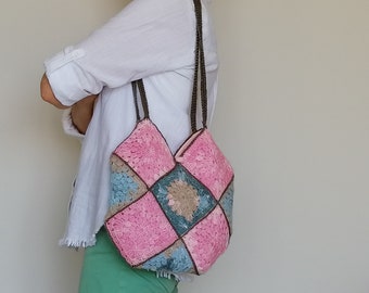 Granny Square Handbag Bag, Tote Bag, Handbag, Crochet Granny Square, Boho Hippie, Weekender Bag,Gift for her