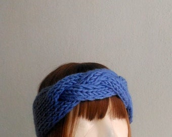 Knitted Headband, Oversized Headband, Chunky  Knit Headband Ear Warmer, Denim Blue Cable Knit Headband