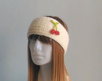 Headband with Crochet Cherry, Winter Ear Warmer, Hairband Headwrap in Off White Cream, Winter Headband