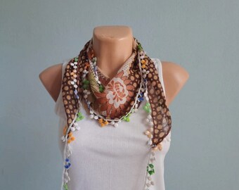 Cotton Scarf, Floral Pompom Scarf, Woman Cotton Scarf, Brown Scarf, Summer Spring Scarf, Bohemian Shawl Wrap, Hippie Boho