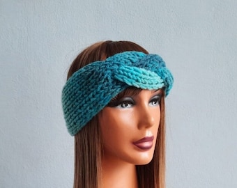 Knit Headband, Chunky Headband,  Women Headwrap, Ear Warmer in Blended Blue, Women Headband