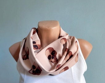 Skull Infiniy Scarf, Skeleton Scarf, Loop Scarf,Circle Scarf, Cream Halloween Scarf, Skull Print Loop Scarf