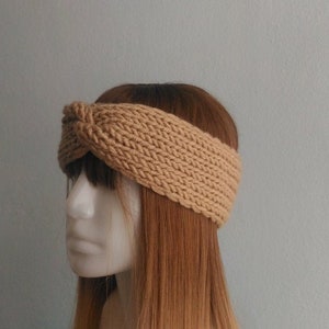 Knitted Headband in Light Brown, Twisted Headband, Hand Knit Turban, Chunky Headband, Turban Twisted Headband, Women Headband, Boho Headband image 1