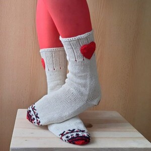 Cream Wool Socks, Heart Socks, Knit Wool Socks, Valentines Socks, Christmas Gift, Winter Socks image 5