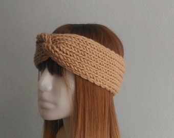 Knitted Headband in Light Brown, Twisted Headband, Hand Knit Turban, Chunky Headband, Turban Twisted Headband, Women Headband, Boho Headband